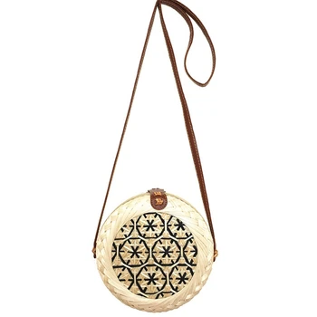 

New Round Straw Beach Bag Women Bamboo Handbag Circle Rattan Bag Colorful Flower Pattern Design Female Crossbody Shoulder Bags B