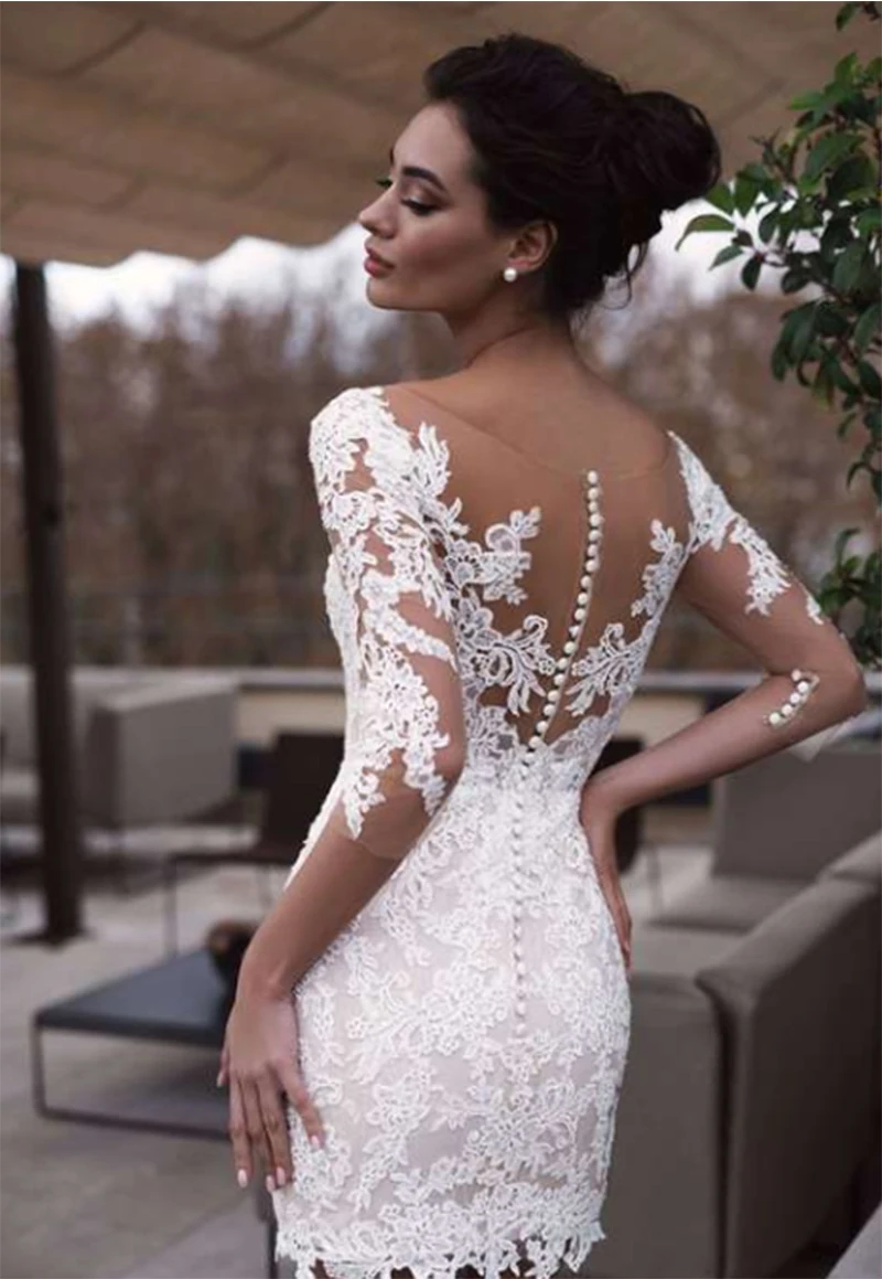 Vestidos De Noiva Sexy Illusion Wedding Dress Half Sleeves Mini Short Bride Bridal Gowns 2023 Custom Made Robe Mariage robe de mariee ball gown lace wedding dress long sleeves vestido de noiva 2020 bride dress luxury bridal gowns