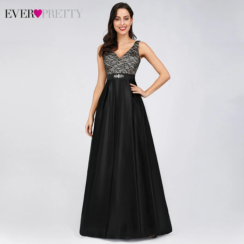 

Ever Pretty Black Evening Dresses Long A-Line Double V-Neck Beaded Sleeveless Elegant Lace Evening Party Gowns Robe De Soiree