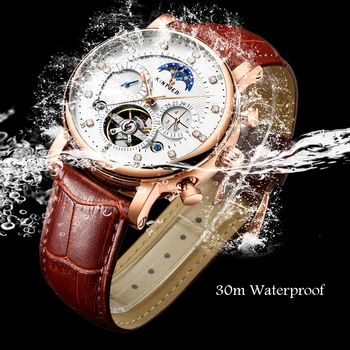 

KINYUED Moon Phase Automatic Watch Men Skeleton Mechanical Watches Mens Sports Leather Horloges Man Waterproof Relogio Masculino
