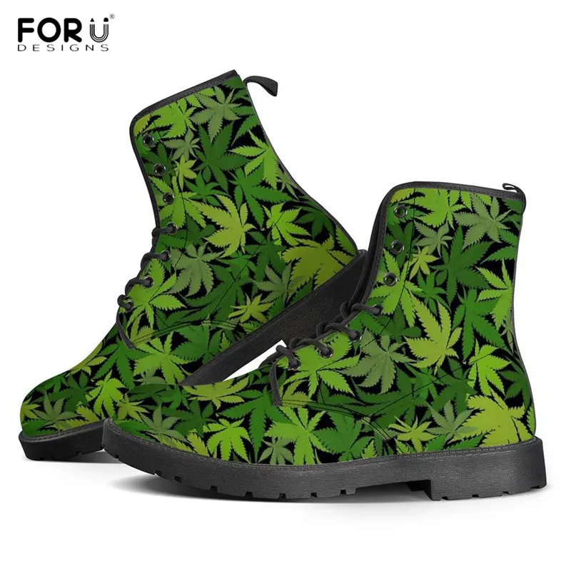 

FORUDESIGNS Lace Up Women Boots Green Weed Leaf/Maple Leaves Pattern Comfortable Flat Boots for Woman Leather Winter Boots Botas