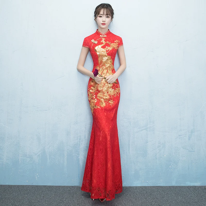 

Mermaid Elegant Chinese Bride Dress Peacock Noble Female Maxi Evening Party Gown Sexy Slim Qipao Classic Cheongsam Vestidos