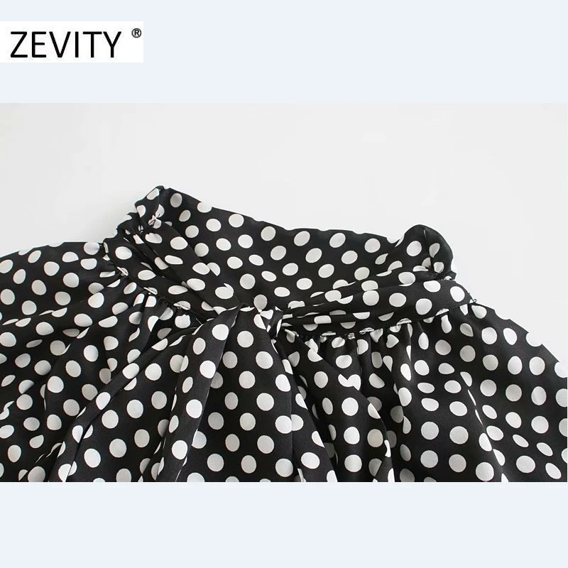 ZEVITY women vintage bow tied stand collar polka dots print mini dress female lantern sleeve casual vestidos chic dresses DS4426