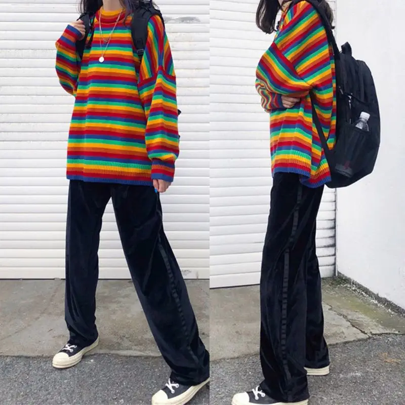 

Women Teens Autumn Long Sleeve Knit Sweater Korean Harajuku Rainbow Stripes Patchwork Loose Jumper Hip Hop Pullover Tunic Tops