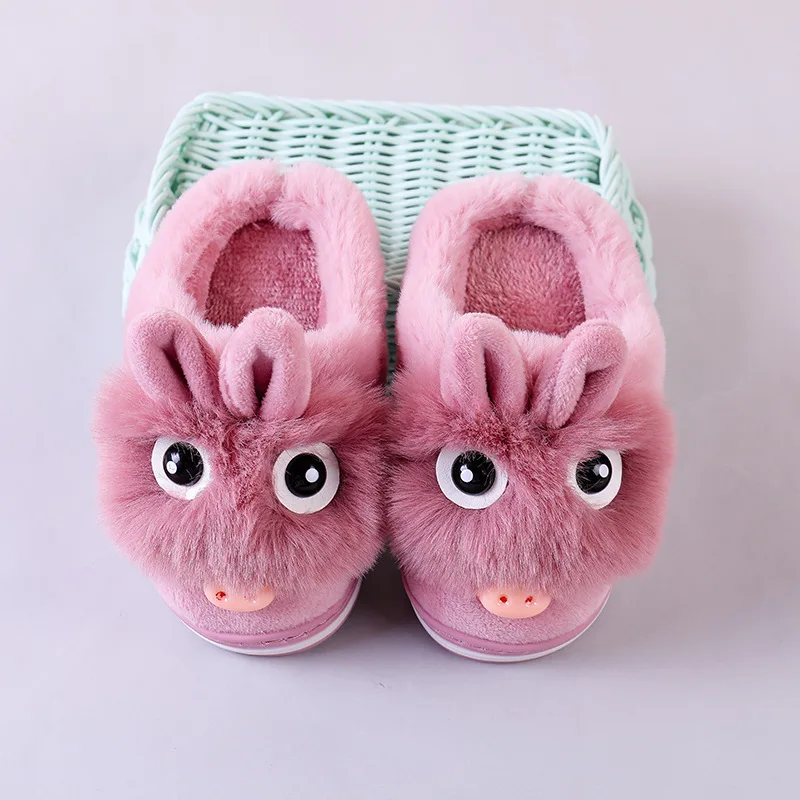 New Winter Children Slippers Cartoon Pu Home Slippers Kids Shoes Girls Warm Plush Indoor Non-slip Boys Flip Flops Floor Shoes