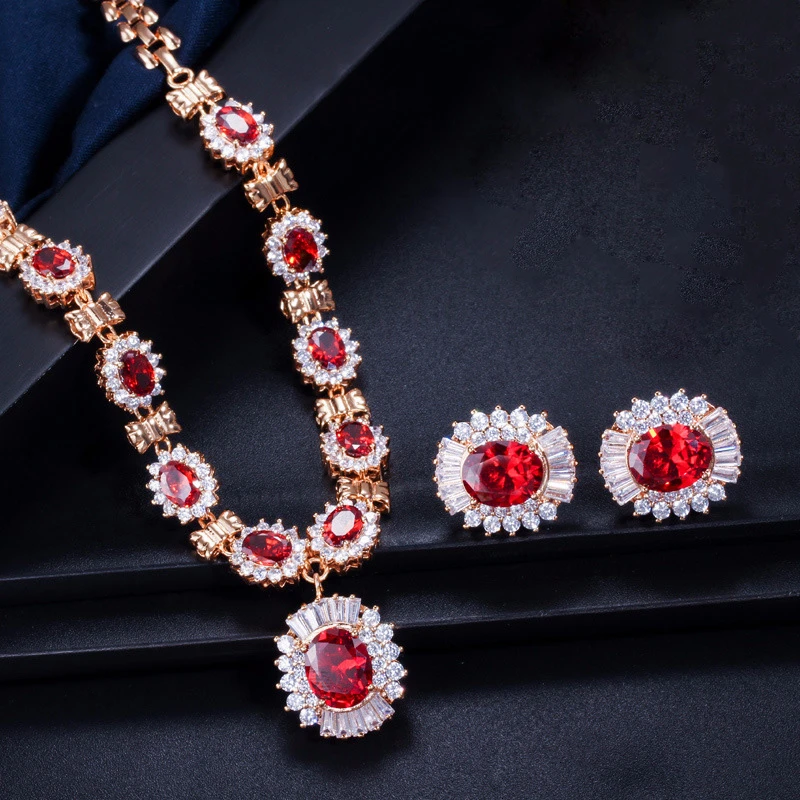 

QUEENCO Zircon Crystal Necklace Earrings Jewelry Set Gold Plated Wedding Hair Accessories Wedding Jewelry Sets For Bride