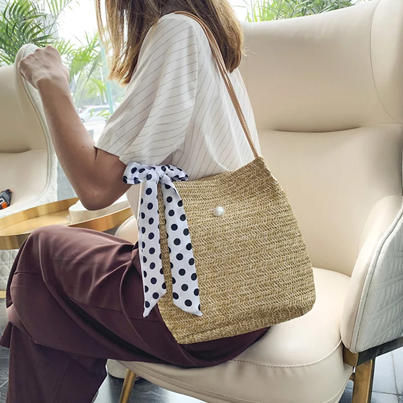 

LTBOOS Women Bucket Straw Bags For Summer 2019 Leather Handles Reusable Woven Rattan Large Beach Sea Bag Handbags Bohemian