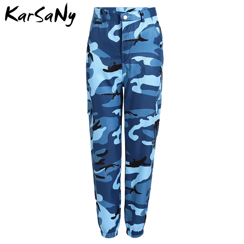 Blue KarSaNy, женские розовые камуфляжные штаны, женские шаровары, оранжевые, военные, женские брюки-карго, повседневные женские брюки-карго, женские джинсы, розовые - Цвет: Blue