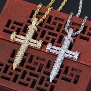

Iced Out Chain Nail Shape Cross Pendant Men's Gold Silver Color Necklace Bling Zirconia Simulated Diamond Hip Hop Jewelry Gifts