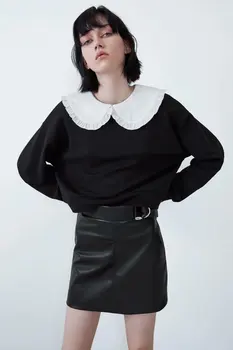 

2020 Spring Summer New Lapel black loose zaraing women Sweatshirt vadiming sheining female Pullover plus size sweatshirt Bgj1207