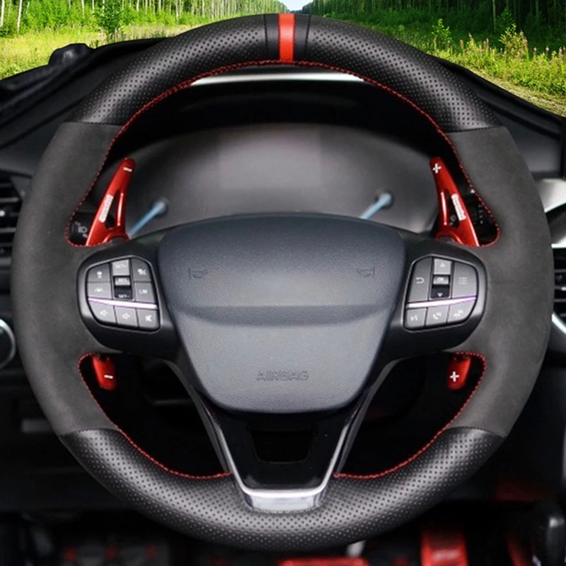 DIY чехол рулевого колеса автомобиля черного цвета из натуральной кожи и замши для