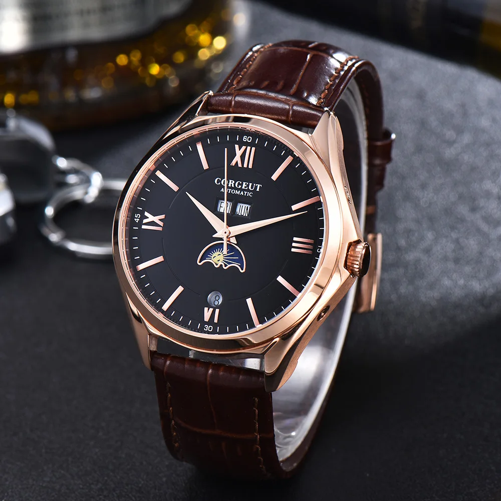 Najtaniej Corgeut 41MM Top luksusowej marki mężczyzn zegarek fashtion faza księżyca męskie zegarki automatyczne mechaniczne zegarki na rękę wodoodporna 2051