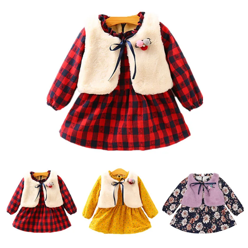 Комплект модной одежды для детей от 2 до 8 лет, комплект одежды для маленьких девочек, однотонный меховой жилет комплект с платьем с цветочным принтом и длинными рукавами из 2 предметов