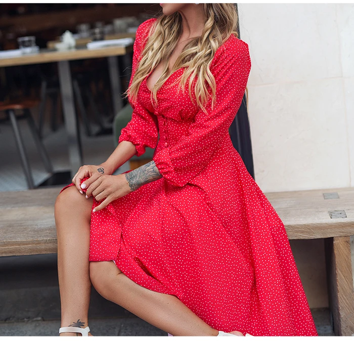 Southpire Sexy Red Long Dress For Women Dot Printing Deep V-neck A-line Dress Elegant Spring Summer Party Vestidos