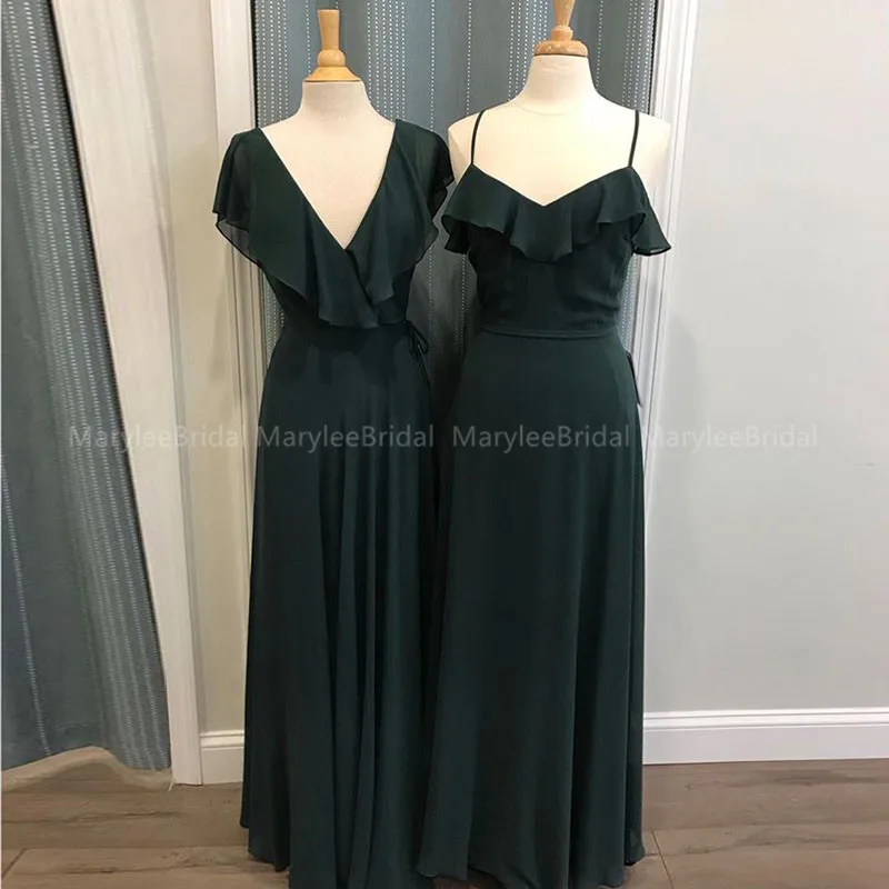 

V Neck Ruffles Neckline Long Simple Bridesmaids Dresses Dark Navy Chiffon Summer Wedding Guest Plus Size Maid of Honor Dresses