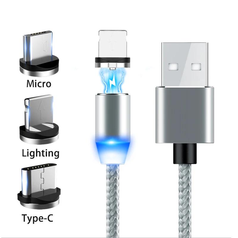 Магнитный USB 3 в 1 зарядный кабель для iphone Xs и type-C и Micro USB кабель с нейлоновой оплёткой для iphone huawei xiaomi fast chage - Цвет: Серый