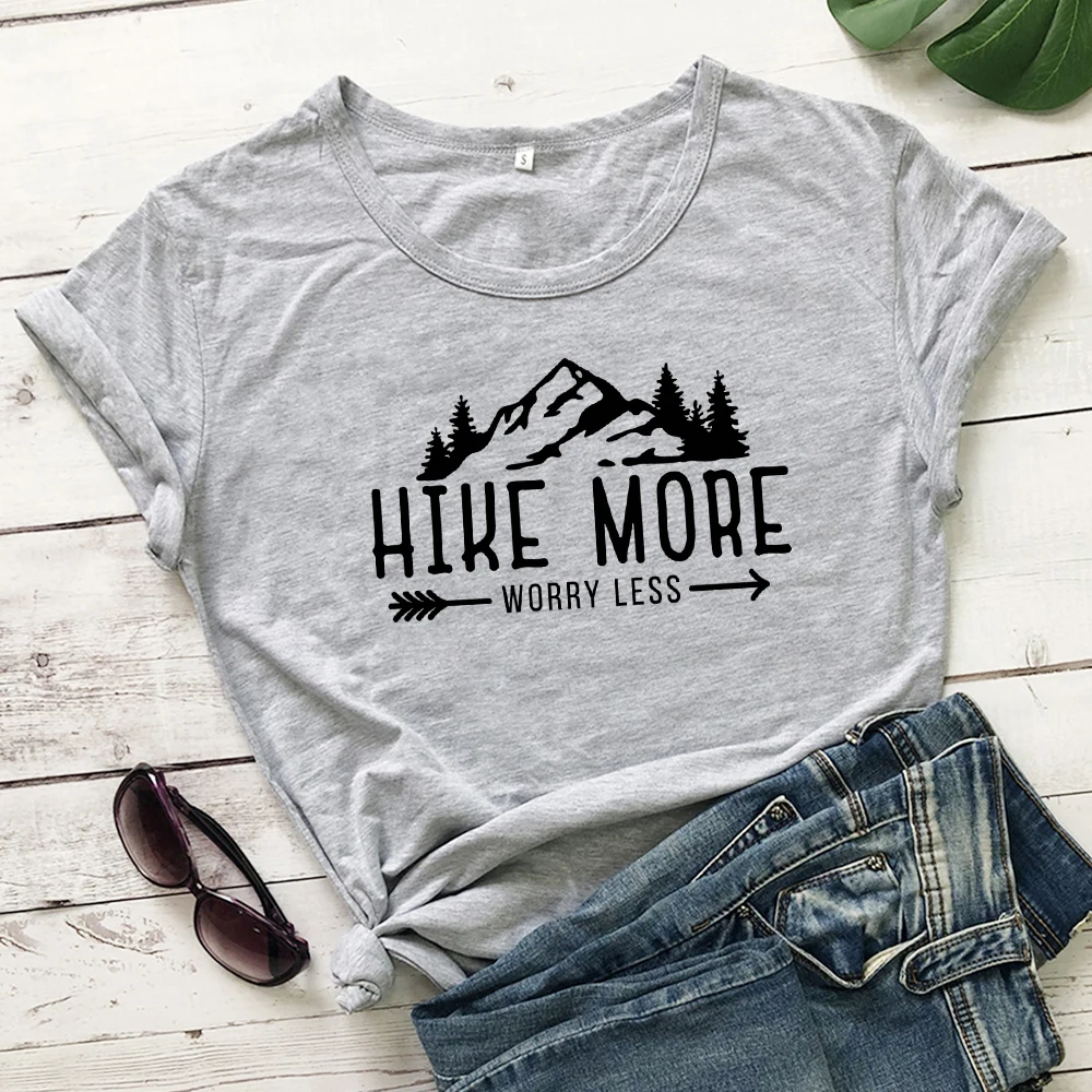 Wandern Sie mehr Sorgen, weniger T-sh Casual Unisex Kurzarm Grafik Wandern im Freien T-Shirts Tops lustige Frauen Sommer Camping634_voghion.com