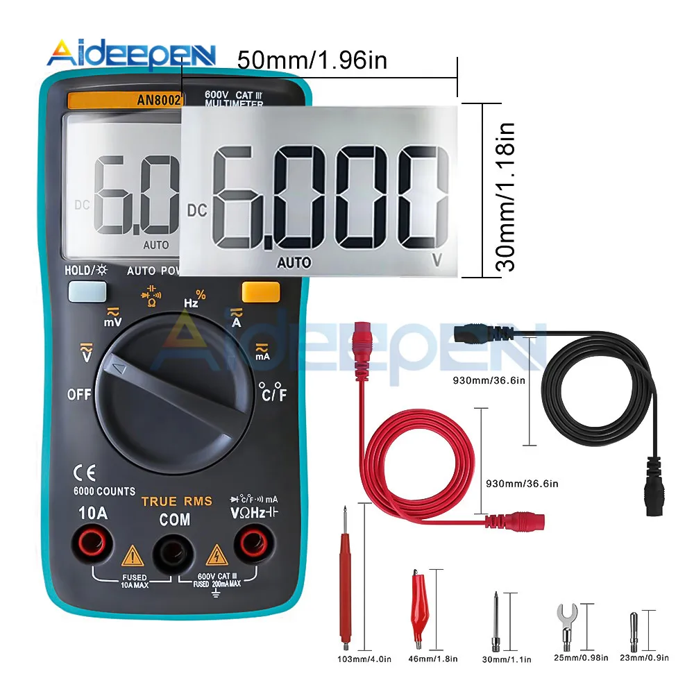 Multimètre Numérique, Multimètre Digital TRMS ANENG AN8008 Capacimètre  Tension/Courant AC DC Résistance