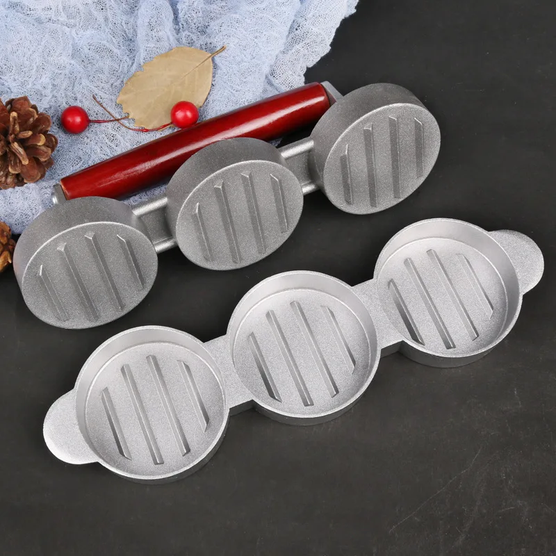 3 Holes Aluminum alloy Wooden handle Manual Hamburger Presses Maker Press Cutlets Mold Grill Kitchen Tools Home Meat Pie Burger04