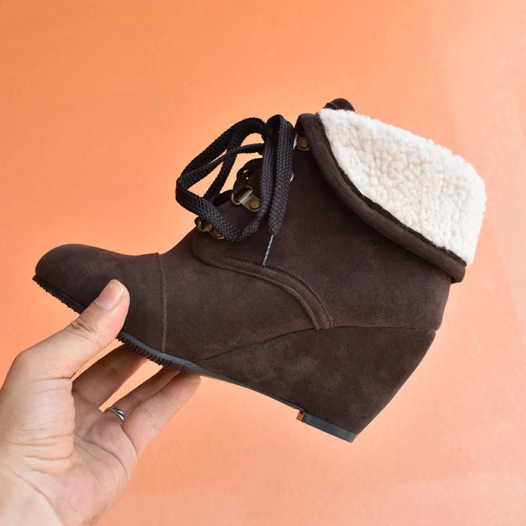 Женские короткие ботинки замшевые ботинки на танкетке, с круглым носком, на шнуровке, на высоком каблуке, большие размеры, теплые зимние ботинки на толстом меху, M50