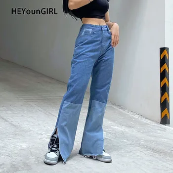 

HEYounGIRL Patchwork Casual Blue Jeans Pants Women Split Side Straight Denim High Waist Long Trousers Ladies Fashion Streetwear