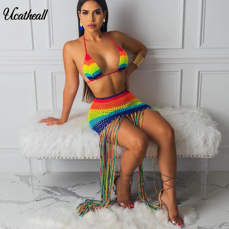 

Colorful Tassels Summer Two Piece Set Women Halter V Neck Backless Crop Top+Purple High Wiast Skirt Sexy 2 Piece Outfits