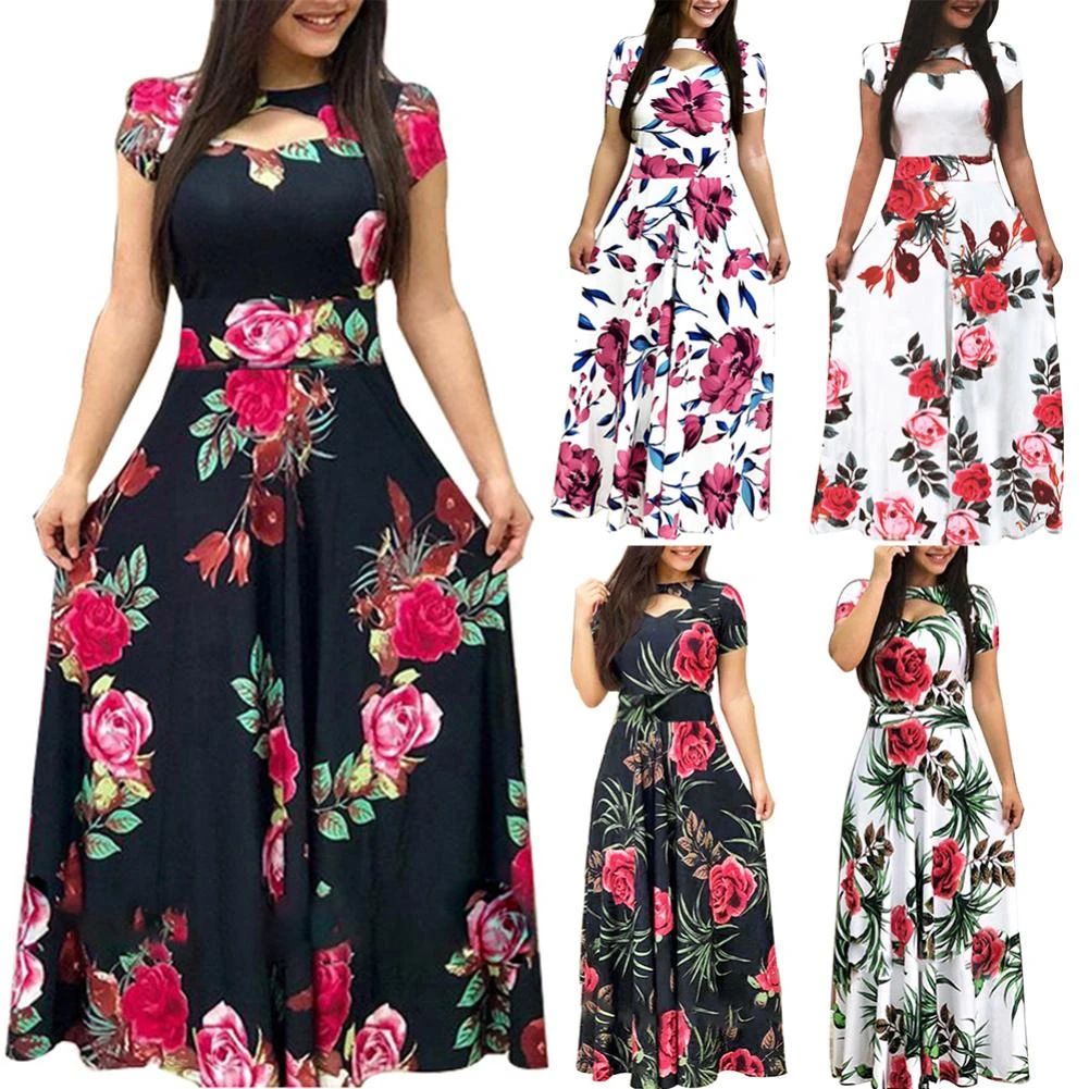 Plus Size Women Loose Casual Long Maxi Dress Hollow Short Sleeve Sundress US