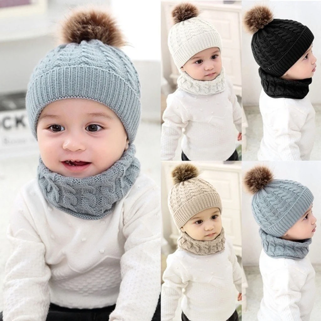 0-3 Ages Unisex Baby Knit Hat Scarf Warm Winter Pom Pom Boy Girl Beanie Cap Girls Boys Elastic Beanies Autumn Winter