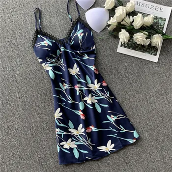 

Spring New Ice Silk Nightwear Woman Sexy Camisole Reveal Back Charming Imitate Real Silk Printing Nightgown