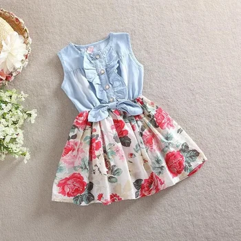 

Baby Baby Girl Dress 2017 Summer Children Sleeveless Denim Floral Dresses with Button Kids Princess Summer Dresses for Girls