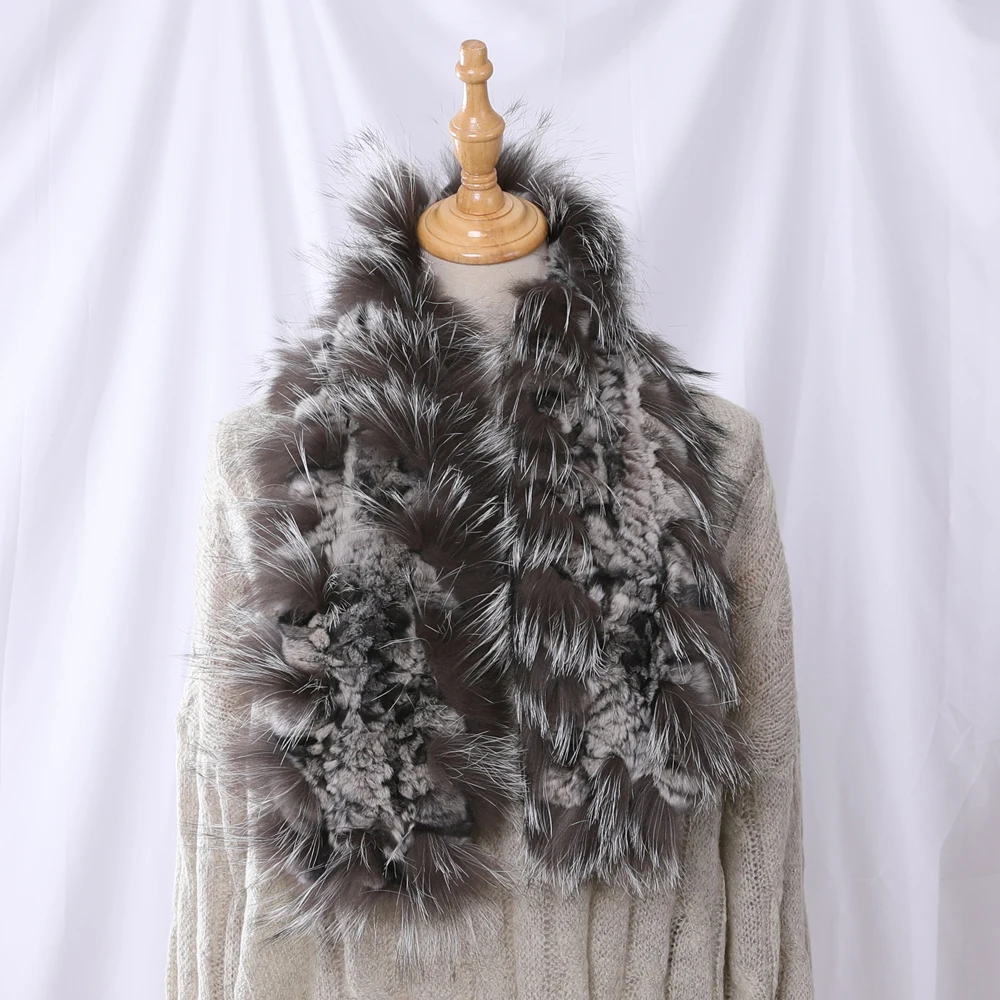 

New Winter Women's Genuine Real Rex Rabbit Fur Silver Fox Fur Hand Knitted Scarf Scarfs Scarves Wraps Snood Street Fashion