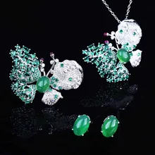 

2021 Trend Butterfly Jewelry Set Luxury Inlay Full Small Zircon Open Ring Oval Retro Green Stone Stud Earrings For Women Party