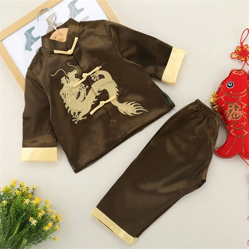 Goedkoop Jongen Meisje Chinese Stijl Draak Tang Pak Verjaardag Kinderen Nieuwe Jaar Party Festival Outfits Kung Fu Tai Chi Uniform Kids kostuum
