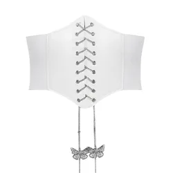 2022 Retro 50s Women Ultra Wide Belt Metal Butterfly Chain Elastic Corset Belt Pu Leather High Waist Belt Clothing Accesoories