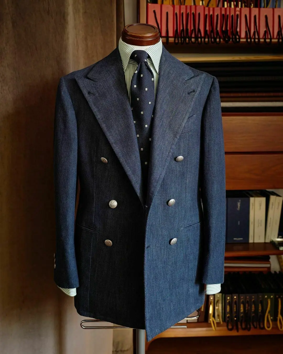 Costume Homme Men Denim Tuxedos Tailor Made Double Braested Peaked Lapel Blazer Casual Business Party Coat Wedding Groom