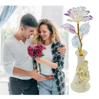 

24K Gold Plated Artificial Rose Flower With Ceramics Base Gift Box For Valentine's Day Thanksgiving Mother's Day Girl's Birthday