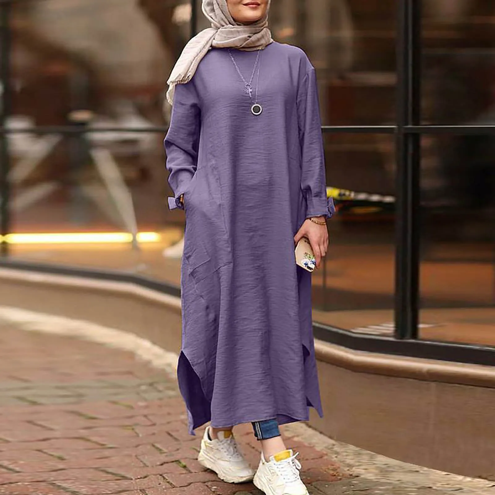 Women Retro Long Sleeve Dress Solid Color Round Neck Maxi Dresses Autumn Casual Female Pockets Long Dress Vintage mujer Vestido 2