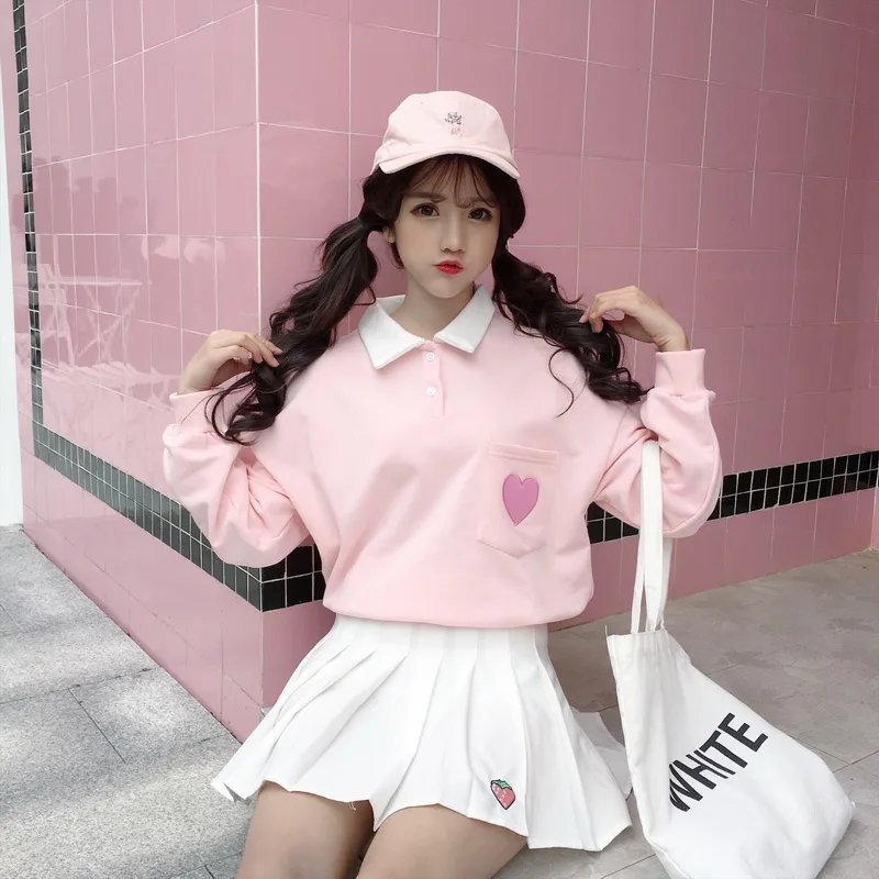 Милая хлопковая Футболка для девочек с вышивкой в виде сердечек Harajuku, Модные свободные женские топы с отворотом, рубашка с длинными рукавами, милая розовая Студенческая футболка
