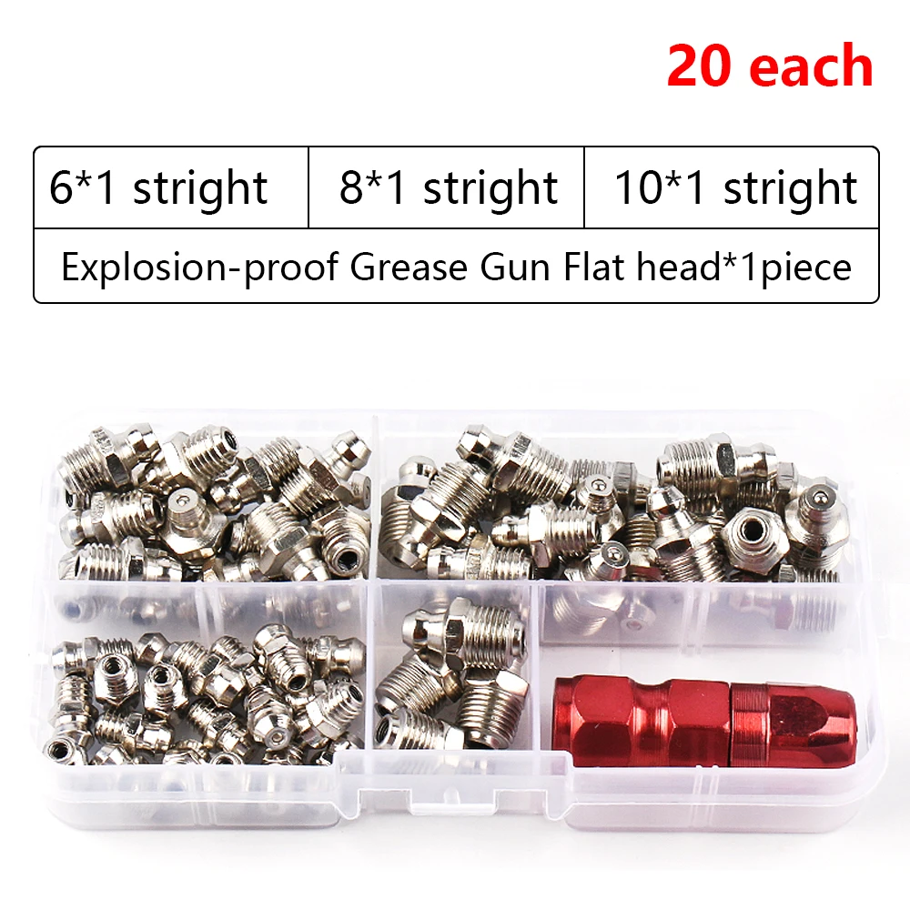 

60Pcs Metric Size M6 M8 M10 Steel Zerk Grease Nipple Fitting Kits Straight Grease Zerk Nipple Kit Explosion-proof grease gun