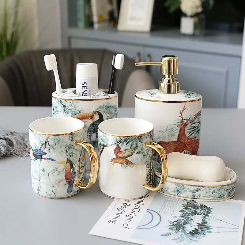 Ceramic Bathroom Accessories Set Soap Dispenser Toothbrush Holder & Gargle Cups Soap Dishes Lavatory 5/6 Pieces Set Wedding Gift