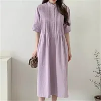 South Korea's Dongdaemun Sweet Girl Mori Series Reduced Age and Thinner Pleated Design Mid-length Short-sleeved Loose Dress