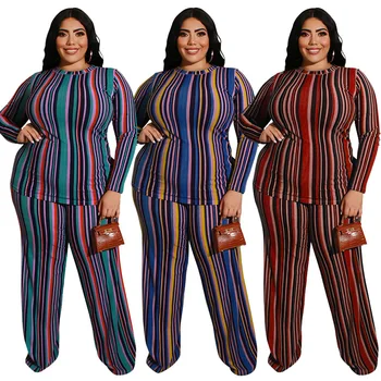 

Autumn Women's Suit Stripe Print Knitting Fashion Casual Suit Large Size Red Blue Green Colors Xl-5xl Plus Sizes Women's Set