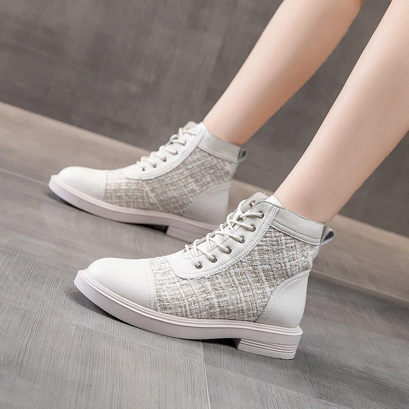 

Осенние женские ботильоны, повседневная обувь на плоской подошве, женские кожаные ботинки для девочек, модные черные ботинки на платформе с круглым носком