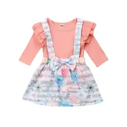 Коллекция 2019 года, модная одежда для новорожденных девочек топы с длинными рукавами для маленьких детей, рубашки + юбка с цветочным принтом