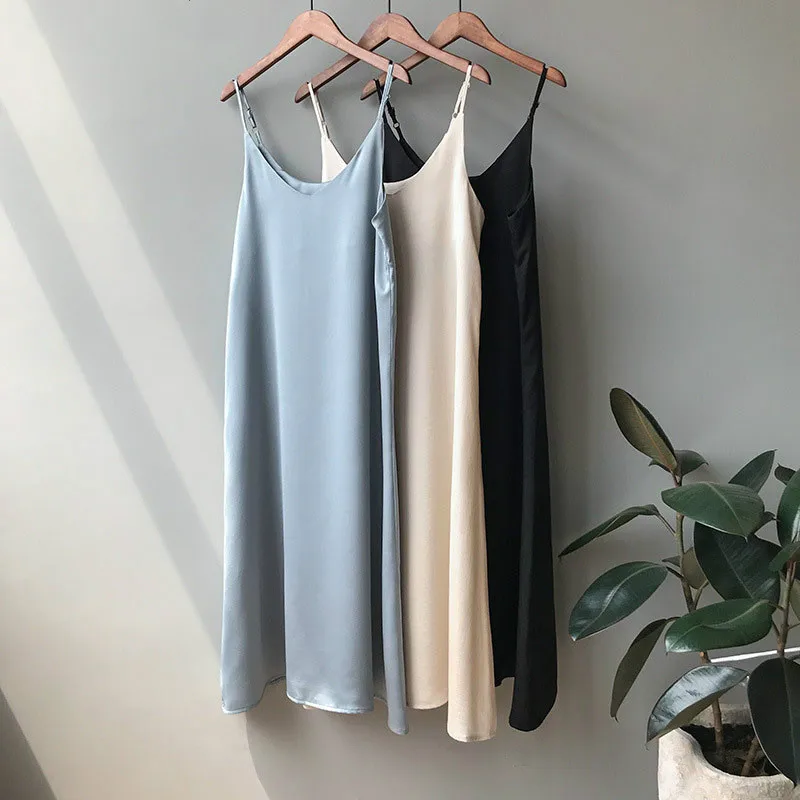 

Spring/Autumn Women Tank Vintage Dress Casual Satin Sexy France Camisole Elastic Female Home Beach/Party Elegant Lady Dress