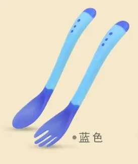 Blue spoon fork Детская силиконовая ложка, безопасная температура, зондирование, детская посуда, ложки для кормления, вилка, Детская термостойкая ложка, медицина - Цвет: Blue spoon fork