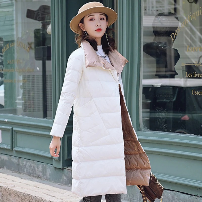 Kopen FTLZZ Winter Vrouwen Dubbelzijdig 90% Witte Eend Down Jas Ultra Licht Coltrui Lange Vrouwelijke Uitloper Warme Parka Sneeuw Parka