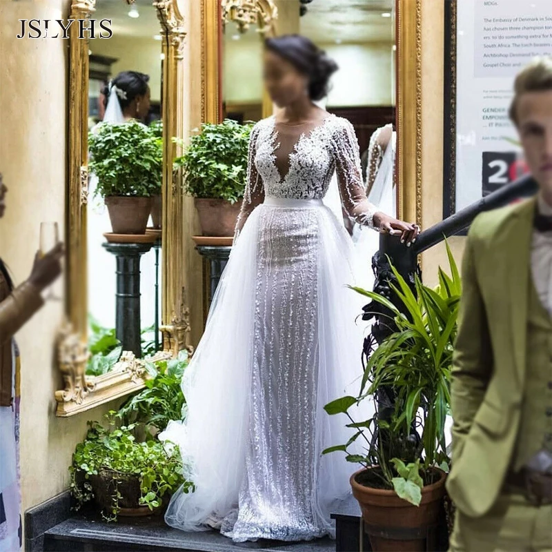 

High quality luxury Lace Mermaid Wedding dress bride detachable wedding gown skin color net long sleeve light  