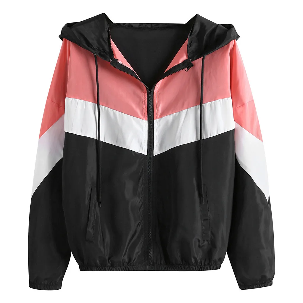 

JAYCOSIN Women's Casual Long Sleeve Zipper Patchwork Thin Hooded Sport Coat three-color stitching thin hooded windbreaker jacket