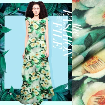 

Printed Silk Linen Fabric 16 momme 140cm Width Silk Dress Material Green Color with Flower Painting